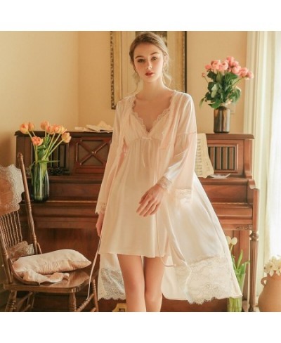 Women Sexy Two-Pieces Silk Night Dress Summer Spaghetti Strap V-neck Nightie Loose Long Sleeves Lace Morning Robe Sexi Bath $...