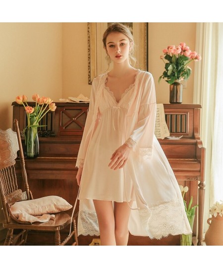 Women Sexy Two-Pieces Silk Night Dress Summer Spaghetti Strap V-neck Nightie Loose Long Sleeves Lace Morning Robe Sexi Bath $...