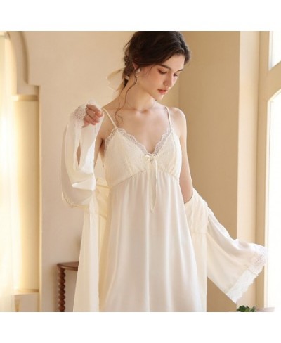 Women Sexy Two-Pieces Silk Night Dress Summer Spaghetti Strap V-neck Nightie Loose Long Sleeves Lace Morning Robe Sexi Bath $...