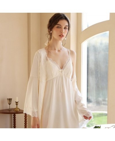 Women Sexy Two-Pieces Silk Night Dress Summer Spaghetti Strap V-neck Nightie Loose Long Sleeves Lace Morning Robe Sexi Bath $...