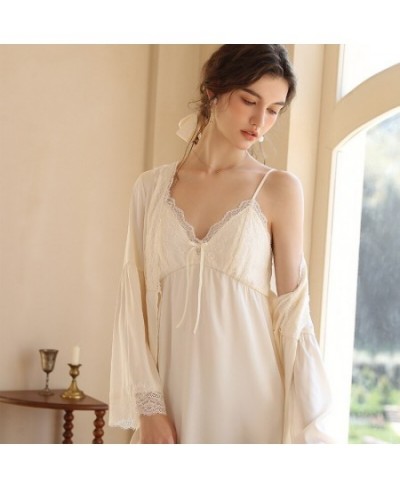 Women Sexy Two-Pieces Silk Night Dress Summer Spaghetti Strap V-neck Nightie Loose Long Sleeves Lace Morning Robe Sexi Bath $...