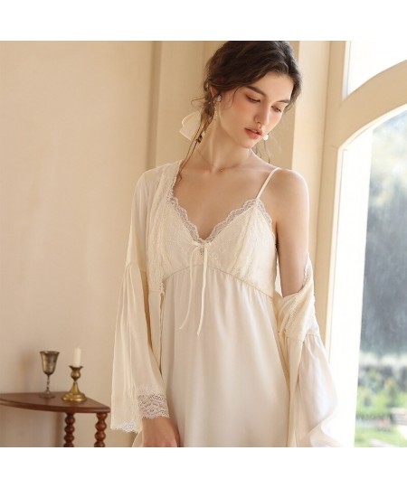 Women Sexy Two-Pieces Silk Night Dress Summer Spaghetti Strap V-neck Nightie Loose Long Sleeves Lace Morning Robe Sexi Bath $...