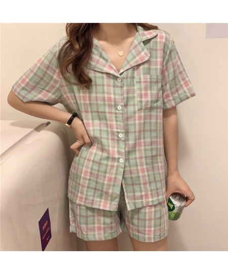 Cute Grid Girls Pajamas Set Korean Summer New Short Sleeve Leisure Sleepwear Women Loose Nightwear Homewear Suit $29.70 - Sle...