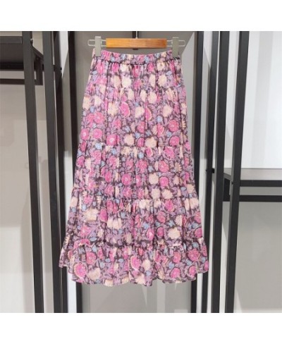 2023 Spring and Summer Trendy Luxury All-match Elastic Waist Floral Print Pleated A-line Ladies Mid-length Skirt $73.81 - Skirts