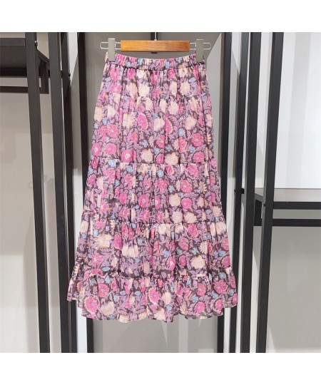 2023 Spring and Summer Trendy Luxury All-match Elastic Waist Floral Print Pleated A-line Ladies Mid-length Skirt $73.81 - Skirts