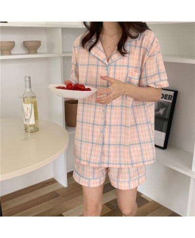 Cute Grid Girls Pajamas Set Korean Summer New Short Sleeve Leisure Sleepwear Women Loose Nightwear Homewear Suit $29.70 - Sle...