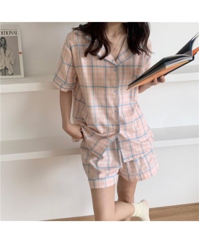 Cute Grid Girls Pajamas Set Korean Summer New Short Sleeve Leisure Sleepwear Women Loose Nightwear Homewear Suit $29.70 - Sle...