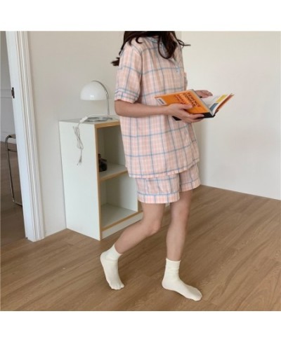 Cute Grid Girls Pajamas Set Korean Summer New Short Sleeve Leisure Sleepwear Women Loose Nightwear Homewear Suit $29.70 - Sle...