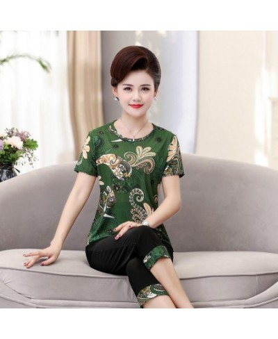 Women 2 piece Set New Loose Print Short-sleeved T-shirt Tops + Pants Middle-aged Mother Summer Suit $29.76 - Suits & Sets