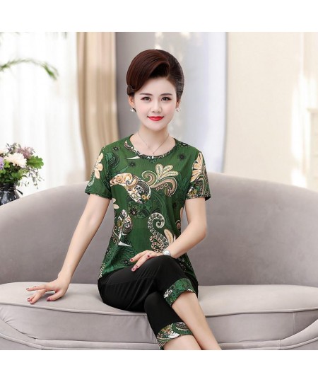 Women 2 piece Set New Loose Print Short-sleeved T-shirt Tops + Pants Middle-aged Mother Summer Suit $29.76 - Suits & Sets