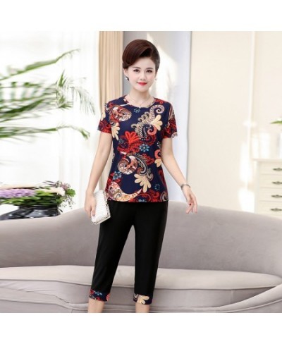 Women 2 piece Set New Loose Print Short-sleeved T-shirt Tops + Pants Middle-aged Mother Summer Suit $29.76 - Suits & Sets