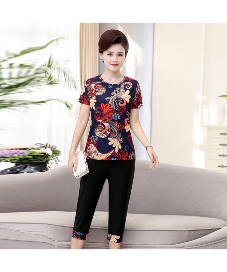 Women 2 piece Set New Loose Print Short-sleeved T-shirt Tops + Pants Middle-aged Mother Summer Suit $29.76 - Suits & Sets