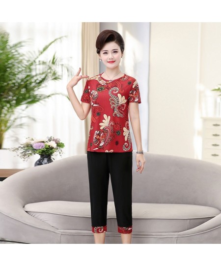 Women 2 piece Set New Loose Print Short-sleeved T-shirt Tops + Pants Middle-aged Mother Summer Suit $29.76 - Suits & Sets