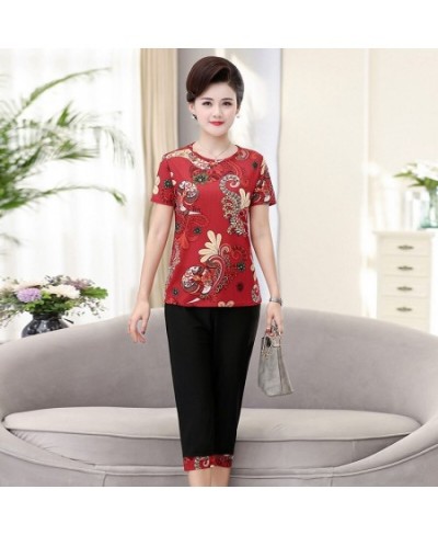 Women 2 piece Set New Loose Print Short-sleeved T-shirt Tops + Pants Middle-aged Mother Summer Suit $29.76 - Suits & Sets