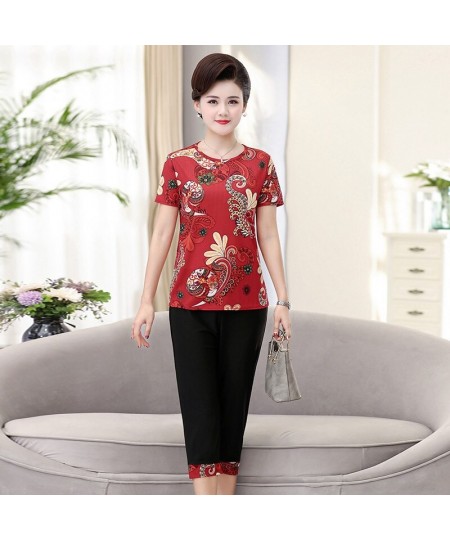 Women 2 piece Set New Loose Print Short-sleeved T-shirt Tops + Pants Middle-aged Mother Summer Suit $29.76 - Suits & Sets