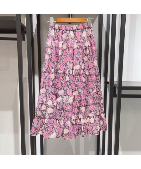 2023 Spring and Summer Trendy Luxury All-match Elastic Waist Floral Print Pleated A-line Ladies Mid-length Skirt $73.81 - Skirts