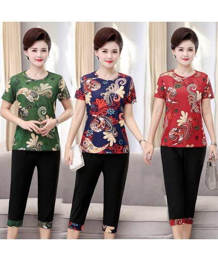 Women 2 piece Set New Loose Print Short-sleeved T-shirt Tops + Pants Middle-aged Mother Summer Suit $29.76 - Suits & Sets