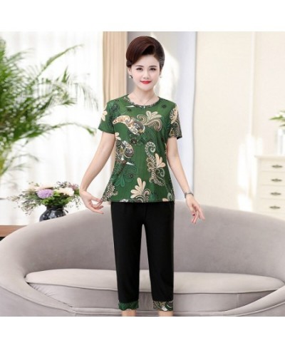 Women 2 piece Set New Loose Print Short-sleeved T-shirt Tops + Pants Middle-aged Mother Summer Suit $29.76 - Suits & Sets