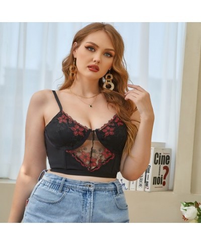 Lace Plus Size Bra Top Embroidery Sexy Thin Gather No Steel Ring Perspective Sling Vest Hollow Out Underwear For Women $27.56...