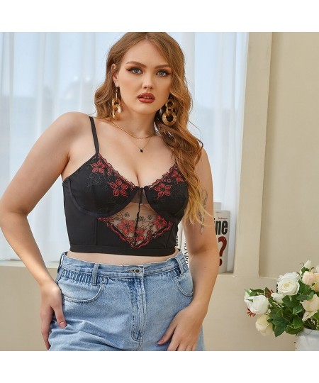 Lace Plus Size Bra Top Embroidery Sexy Thin Gather No Steel Ring Perspective Sling Vest Hollow Out Underwear For Women $27.56...