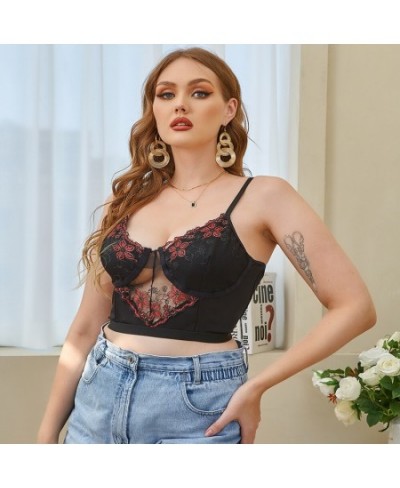 Lace Plus Size Bra Top Embroidery Sexy Thin Gather No Steel Ring Perspective Sling Vest Hollow Out Underwear For Women $27.56...