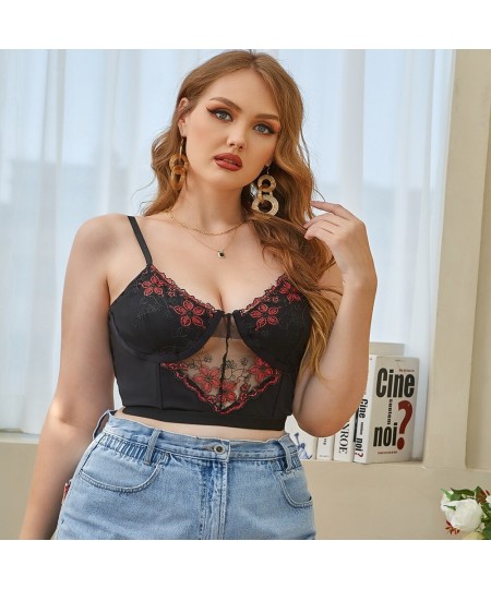 Lace Plus Size Bra Top Embroidery Sexy Thin Gather No Steel Ring Perspective Sling Vest Hollow Out Underwear For Women $27.56...