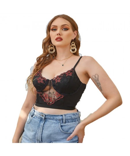 Lace Plus Size Bra Top Embroidery Sexy Thin Gather No Steel Ring Perspective Sling Vest Hollow Out Underwear For Women $27.56...