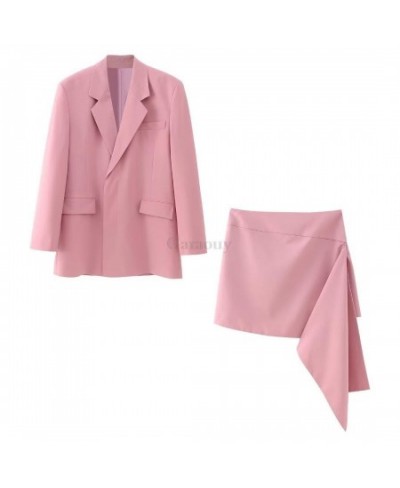 2023 Spring Women Pink Oversized Blazer Suit Jacket Coat + Asymmetric Short Skirt Fashion Y2k Clothes Streetwear Outwear $61....