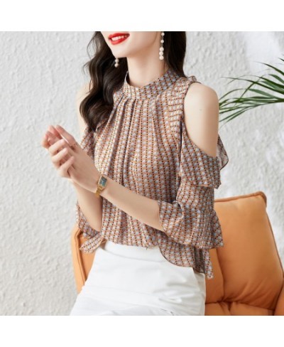 Vintage Printed Butterfly Sleeve Oversized Off Shoulder Chiffon Blouse Summer Casual Tops Elegant Women's Clothing Commute $3...