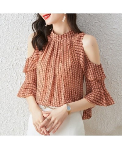 Vintage Printed Butterfly Sleeve Oversized Off Shoulder Chiffon Blouse Summer Casual Tops Elegant Women's Clothing Commute $3...