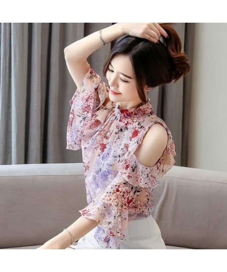 Vintage Printed Butterfly Sleeve Oversized Off Shoulder Chiffon Blouse Summer Casual Tops Elegant Women's Clothing Commute $3...