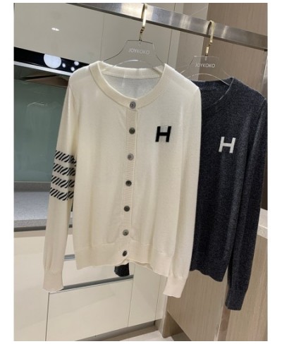 Europe station cashmere cardigan women's loose H-letter jacquard thin knitted jacket sweater slim round neck sweater $43.06 -...