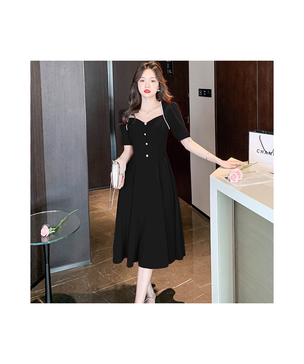 Summer Red Short Sleeve Beading Square Collar Midi Dress Women Black Korean Vintage Hepburn Dress 2023 Elegant Bodycon Dress ...