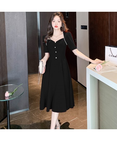 Summer Red Short Sleeve Beading Square Collar Midi Dress Women Black Korean Vintage Hepburn Dress 2023 Elegant Bodycon Dress ...