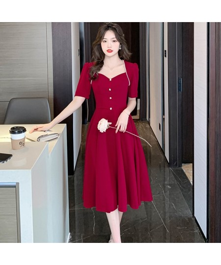 Summer Red Short Sleeve Beading Square Collar Midi Dress Women Black Korean Vintage Hepburn Dress 2023 Elegant Bodycon Dress ...