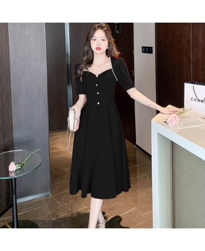 Summer Red Short Sleeve Beading Square Collar Midi Dress Women Black Korean Vintage Hepburn Dress 2023 Elegant Bodycon Dress ...