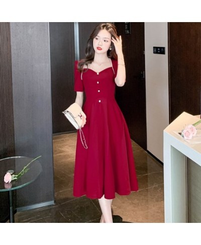 Summer Red Short Sleeve Beading Square Collar Midi Dress Women Black Korean Vintage Hepburn Dress 2023 Elegant Bodycon Dress ...