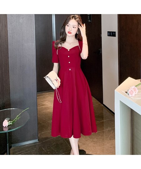 Summer Red Short Sleeve Beading Square Collar Midi Dress Women Black Korean Vintage Hepburn Dress 2023 Elegant Bodycon Dress ...