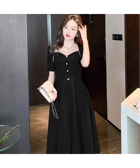 Summer Red Short Sleeve Beading Square Collar Midi Dress Women Black Korean Vintage Hepburn Dress 2023 Elegant Bodycon Dress ...