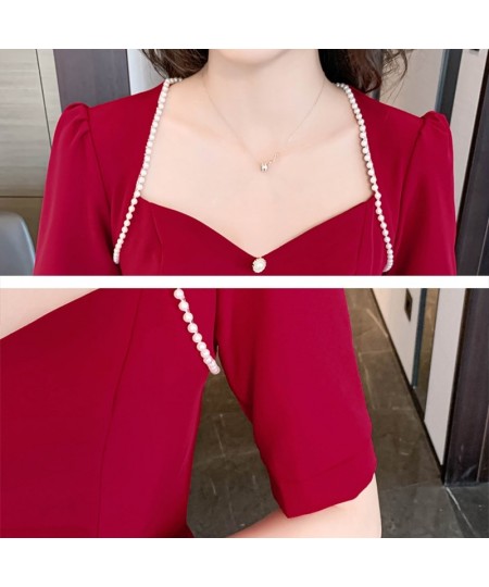 Summer Red Short Sleeve Beading Square Collar Midi Dress Women Black Korean Vintage Hepburn Dress 2023 Elegant Bodycon Dress ...