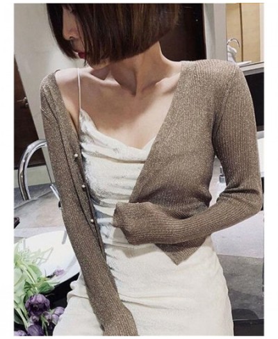 Korean Women Bright Silk Thin Sweater Coat Sexy V-Neck Knitwear Tops 2022 New Gold Silver Knitted Cardigan With Pearl Button ...