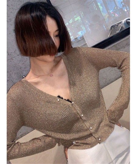 Korean Women Bright Silk Thin Sweater Coat Sexy V-Neck Knitwear Tops 2022 New Gold Silver Knitted Cardigan With Pearl Button ...