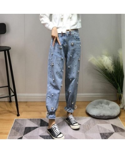 Embroidered Flares High Waisted Jeans for Women Blue Drawstring Harem Pant Trousers Denim Pants Streetwear Mom Jeans $50.62 -...