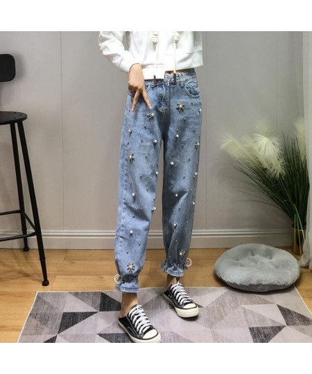 Embroidered Flares High Waisted Jeans for Women Blue Drawstring Harem Pant Trousers Denim Pants Streetwear Mom Jeans $50.62 -...