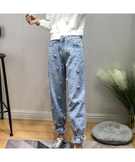 Embroidered Flares High Waisted Jeans for Women Blue Drawstring Harem Pant Trousers Denim Pants Streetwear Mom Jeans $50.62 -...