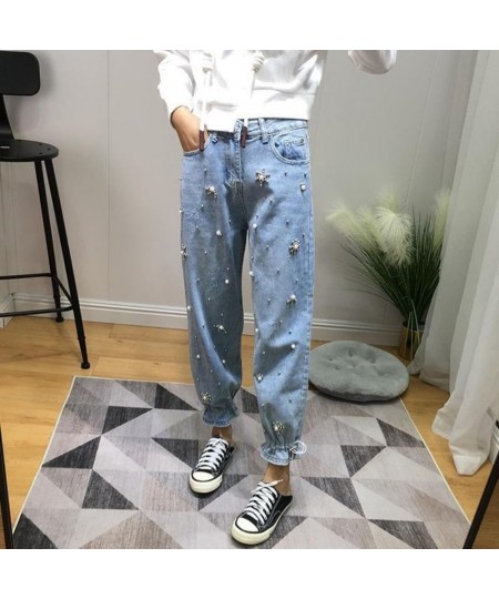 Embroidered Flares High Waisted Jeans for Women Blue Drawstring Harem Pant Trousers Denim Pants Streetwear Mom Jeans $50.62 -...