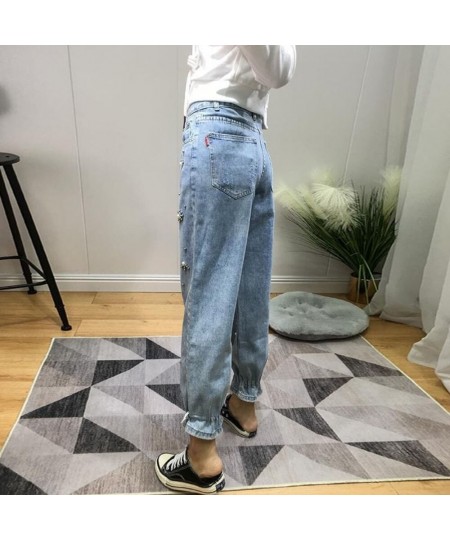 Embroidered Flares High Waisted Jeans for Women Blue Drawstring Harem Pant Trousers Denim Pants Streetwear Mom Jeans $50.62 -...