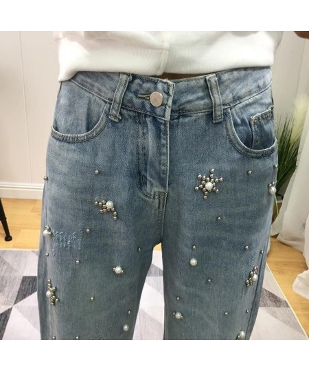 Embroidered Flares High Waisted Jeans for Women Blue Drawstring Harem Pant Trousers Denim Pants Streetwear Mom Jeans $50.62 -...