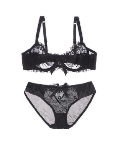 Ultra-thin embroidered transparent bra and panty set sexy lace plus size ladies C D E cup 95C 95D $28.97 - Underwear