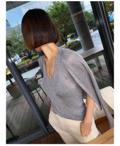 Korean Women Bright Silk Thin Sweater Coat Sexy V-Neck Knitwear Tops 2022 New Gold Silver Knitted Cardigan With Pearl Button ...